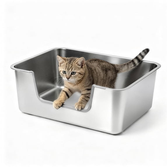 KPWACD Stainless Steel Litter Box Low Entry Metal Cat Litter Pan 19.4 x 13.5 x 5.9-in