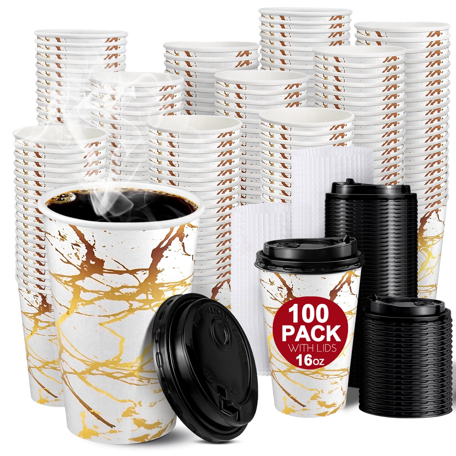 KPX 16 oz Disposable Coffee Cups 100 Pack with Lids/Sleeves, for Hot