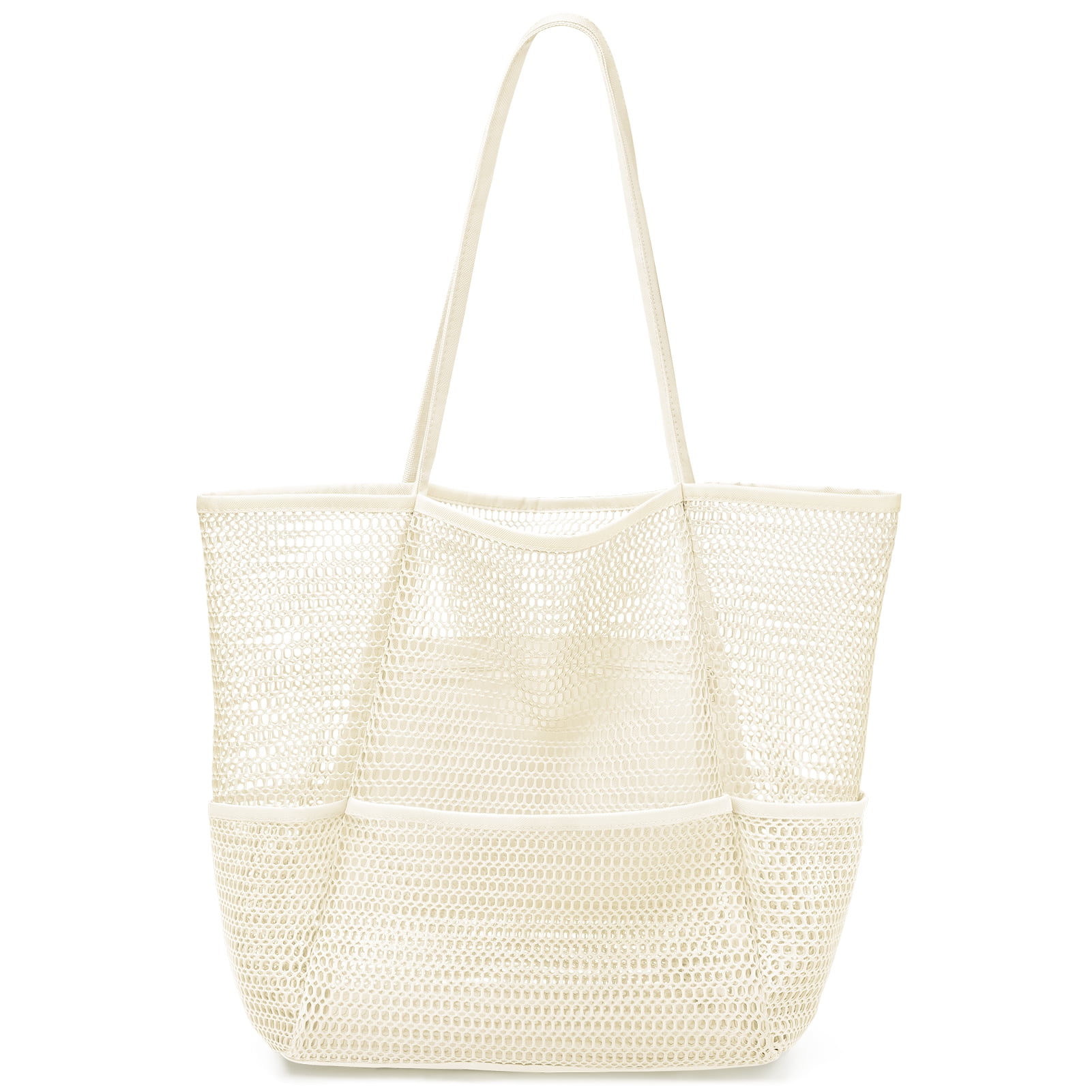KPX Mesh Beach Bag for Women Beach Tote Large Foldable Mesh Swim Bag with Pockets Sandproof Waterproof Beige