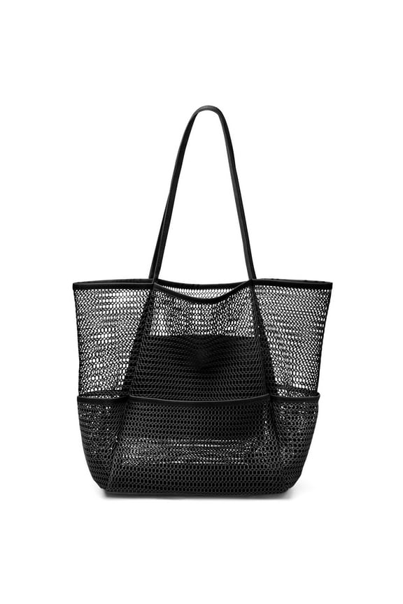 Mesh Beach Bag for Women, Beach Tote Large Foldable Mesh Swim Bag with Pockets | Sandproof | Waterproof | Black