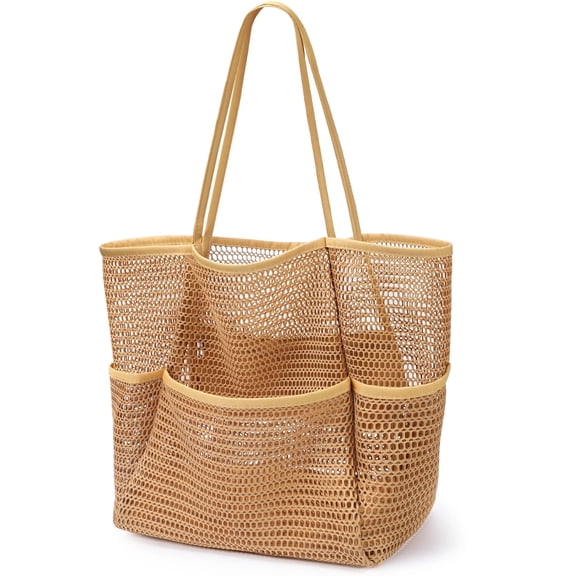 Gocvo Mesh Beach Bag for Women, Beach Tote Large Foldable Mesh Swim Bag with Pockets | Sandproof | Waterproof