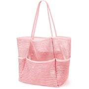 Mesh Beach Bag for Women, Beach Tote Large Foldable Mesh Swim Bag with Pockets | Sandproof | Waterproof | Pink