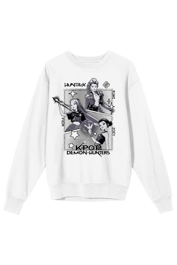 KPop Demon Hunters B & W Huntr/x Character Art Adult White Crew Neck Long Sleeve Sweatshirt-Large