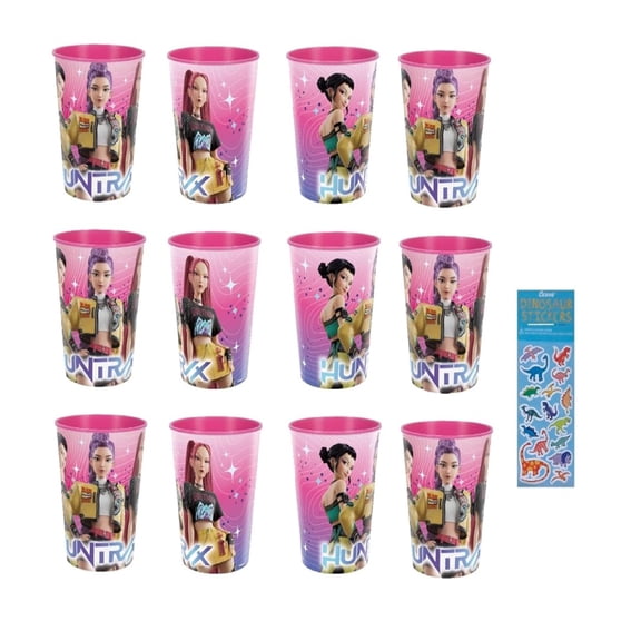 KPop Demon Hunters Birthday Party Supplies Bundle includes 12 Plastic Reuseable Party Favors Cups 16oz ,1 Dino Sticker Sheet