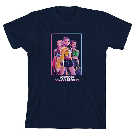 KPop Demon Hunters Box Art Huntrix Youth Navy Crew Neck Short Sleeve T-shirt-XS