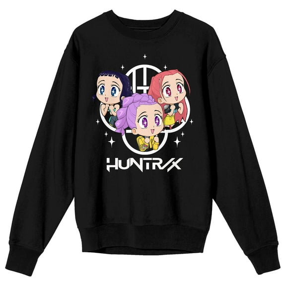 KPop Demon Hunters Chibi Huntr/X Adult Black Crew Neck Long Sleeve Sweatshirt-Medium