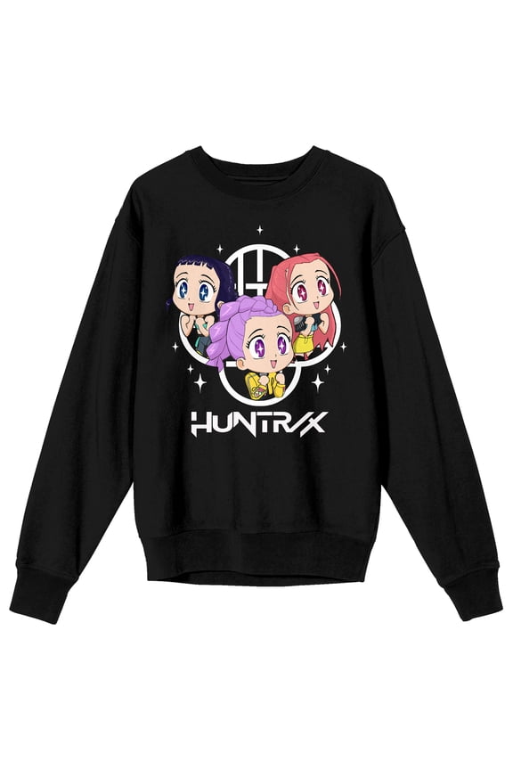 KPop Demon Hunters Chibi Huntr/X Adult Black Crew Neck Long Sleeve Sweatshirt-Medium