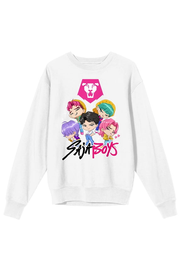 KPop Demon Hunters Chibi Saja Boys Adult White Crew Neck Long Sleeve Sweatshirt-XXL
