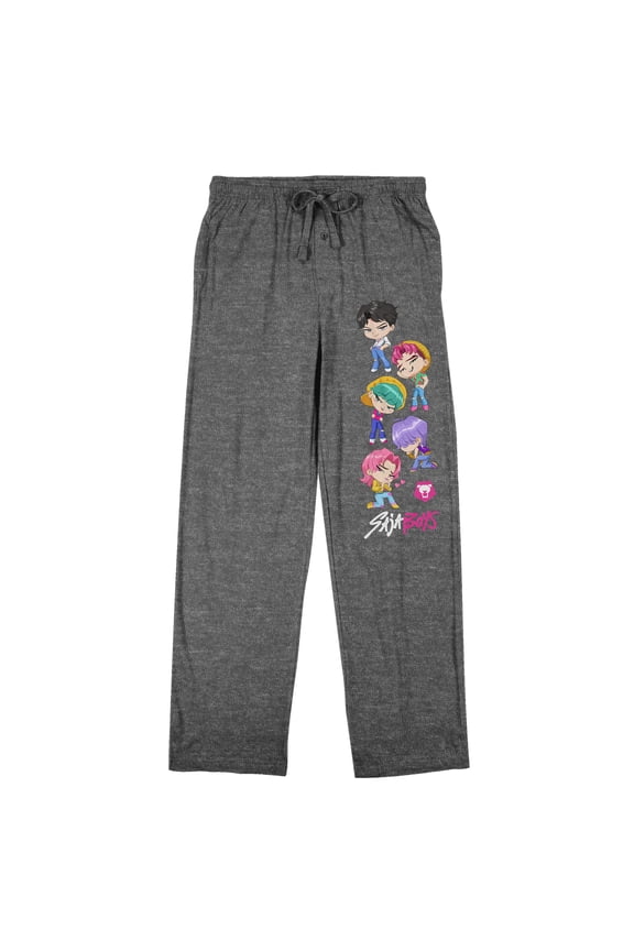KPop Demon Hunters Chibi Saja Boys Group Shot Adult Gray Heather Sleep Pajama Pants-XXL