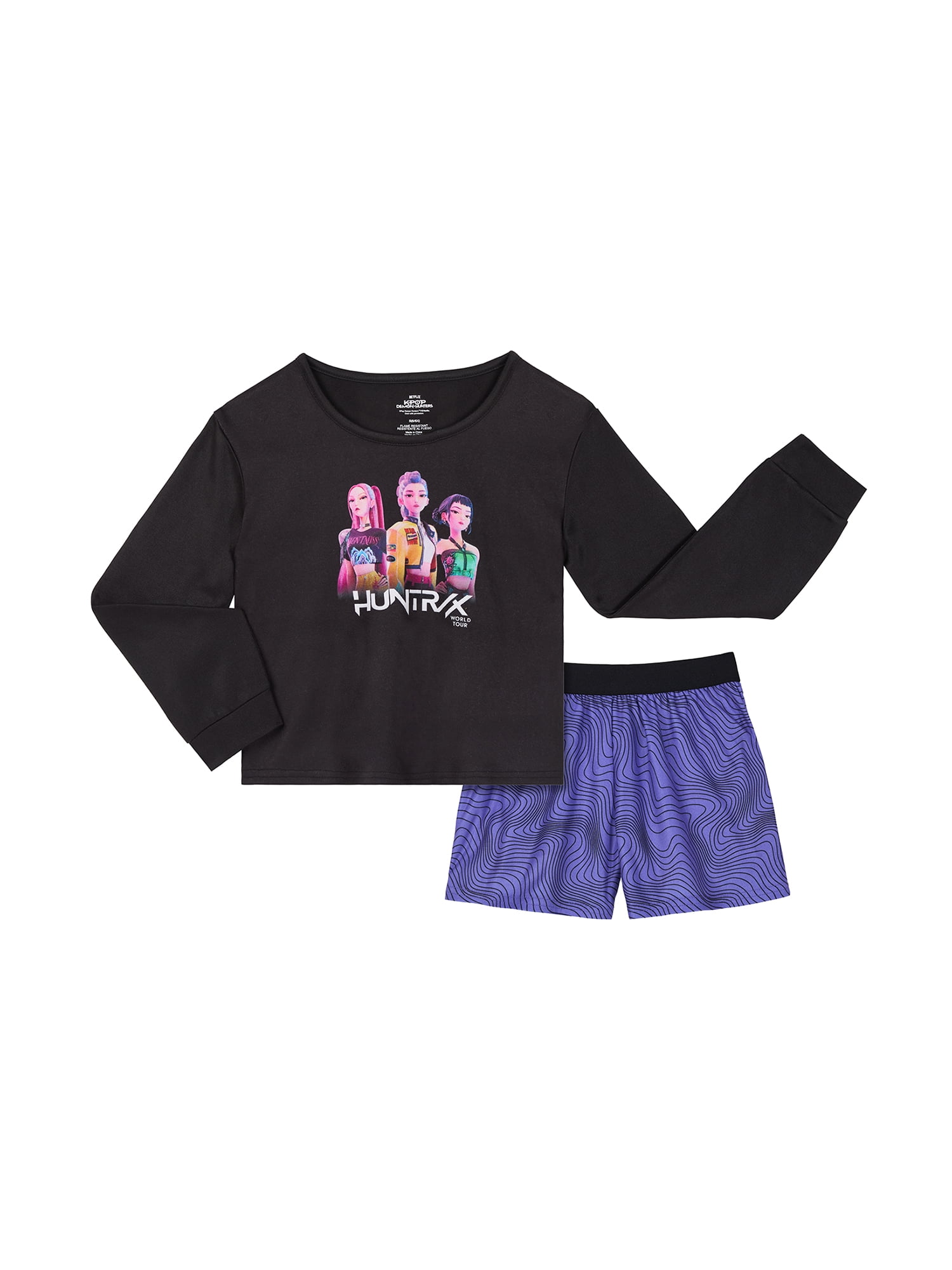 KPop Demon Hunters Girls Long Sleeve Sleep Top and Shorts Pajama Set, 2-Piece, Sizes 4-12