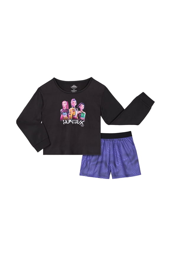 KPop Demon Hunters Girls Long Sleeve Sleep Top and Shorts Pajama Set, 2-Piece, Sizes 4-12