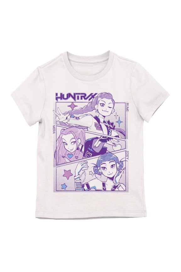 KPop Demon Hunters Huntr/x Character Line Art Youth Girl White Short Sleeve Tee-Medium
