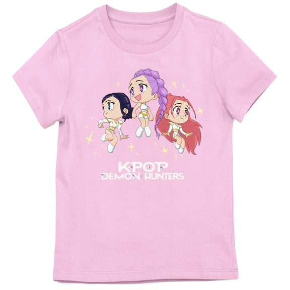 KPop Demon Hunters Huntr/x Character Logo Girl’s Pink Crew Neck Short Sleeve T-shirt-Small