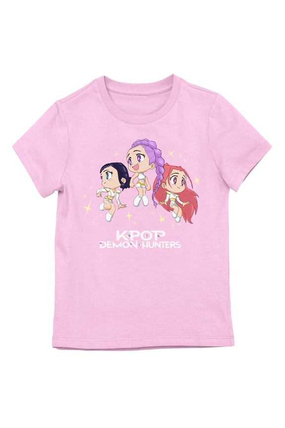 KPop Demon Hunters Huntr/x Character Logo Girl’s Pink Crew Neck Short Sleeve T-shirt-Small