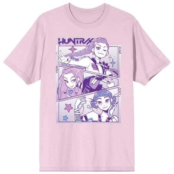 KPop Demon Hunters Rumi Mira & Zoey Panel Art Adult Cradle Pink Crew Neck Short Sleeve T-shirt-XL