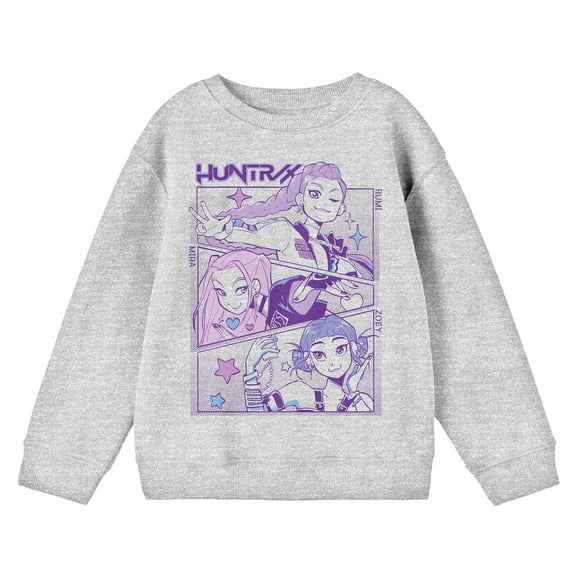 KPop Demon Hunters Rumi Mira & Zoey Panel Art Youth Athletic Heather Crew Neck Long Sleeve Sweatshirt-Medium