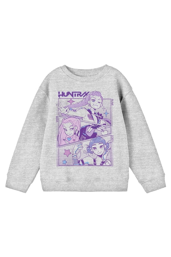 KPop Demon Hunters Rumi Mira & Zoey Panel Art Youth Athletic Heather Crew Neck Long Sleeve Sweatshirt-Small