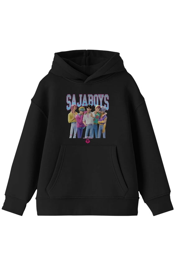 KPop Demon Hunters Saja Boys Group Shot Youth Black Long Sleeve Hooded Sweatshirt-XL