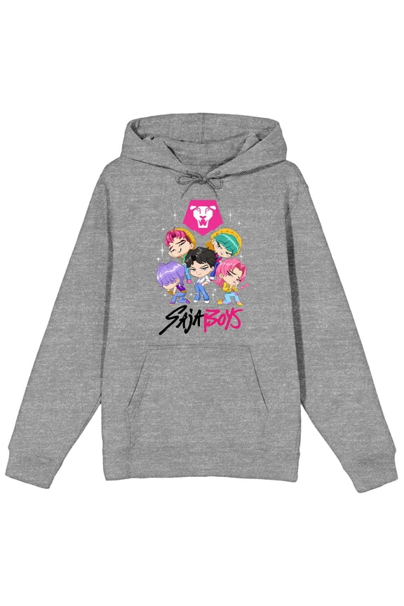 KPop Demon Hunters Saja Boys Kawaii Chibi Art Adult Heather Gray Long Sleeve Hoodie-Large