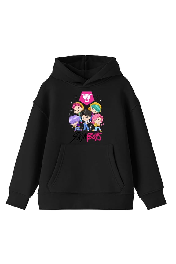 KPop Demon Hunters Saja Boys Kawaii Chibi Art Boys Black Long Sleeve Hoodie-XL