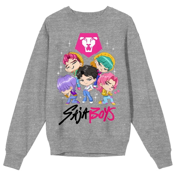 KPop Demon Hunters Saja Boys Kawaii Chibi Characters Adult Heather Gray Crew Neck Sweatshirt-3XL