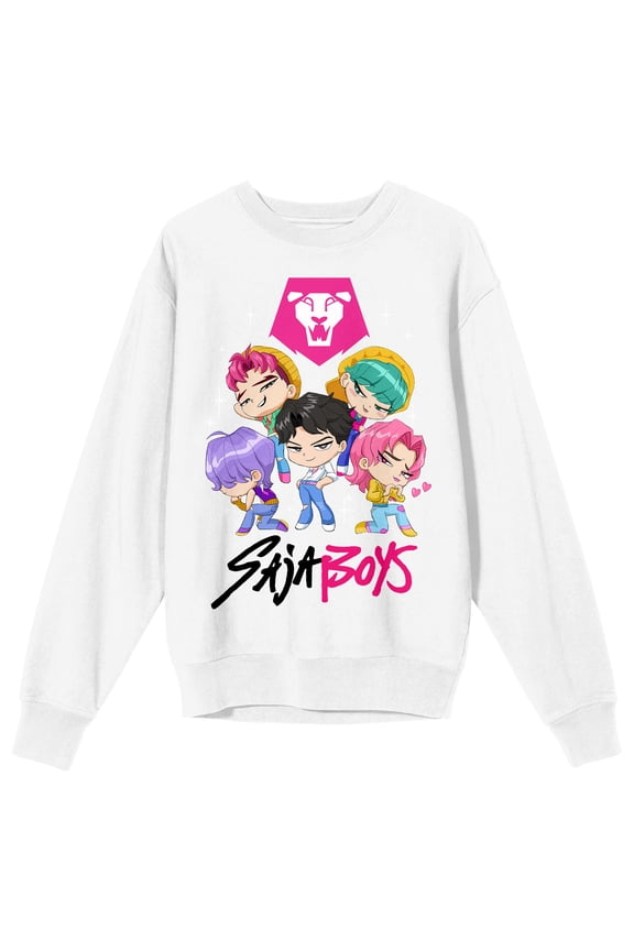 KPop Demon Hunters Saja Boys Kawaii Chibi Characters Adult White Crew Neck Sweatshirt-XL