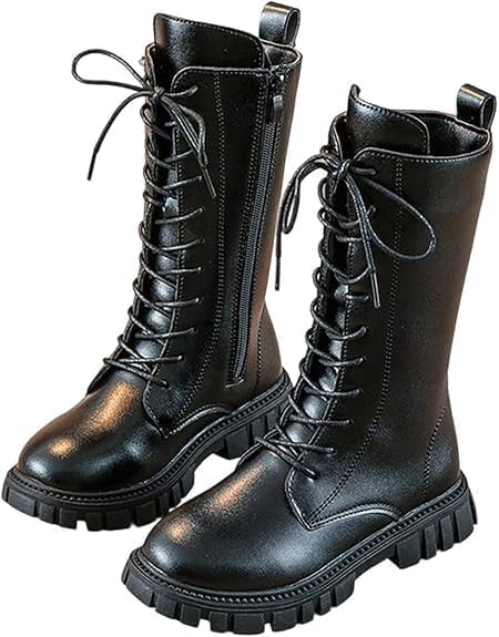 KPop Girls Combat Boots Goth White Lace Up Mid Calf Riding Boots Casual PU Leather Punk Boot with Side Zipper KPop Costume
