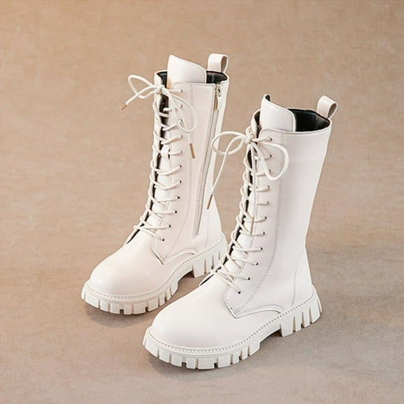KPop Girls Combat Boots Goth White Lace Up Mid Calf Riding Boots Casual PU Leather Punk Boot with Side Zipper KPop Costume