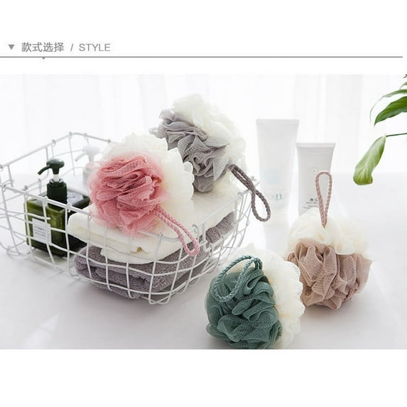 KQJQS 3-Pack Loofah Bath Shower Sponge – Soft Durable PE Mesh Exfoliating Body Wash Sponge, Gentle on Skin, Puffy Design with Hanging Ribbon for Easy Storage and Quick Drying