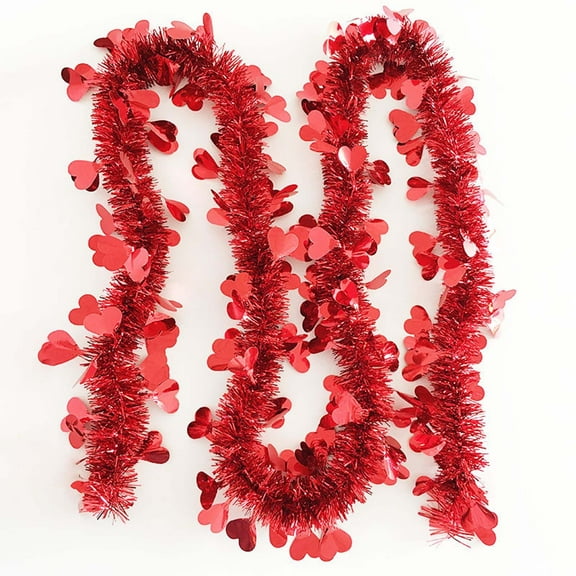 KQJQS 33 Ft Valentine's Day Heart Tinsel Garland - Red, Pink, and White Metallic Hanging Decorations for Home, Indoor, Outdoor, Wedding