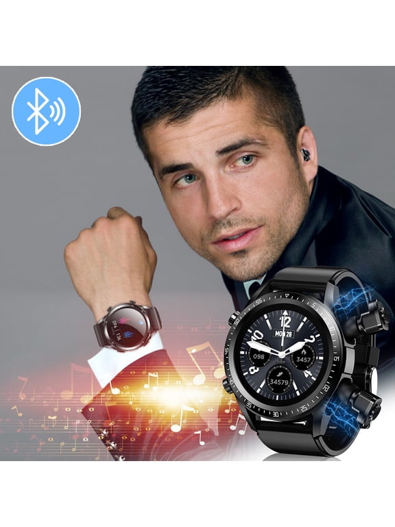 Bluetooth Smart Watch With Earbuds, Round Fitness Watch With Pedometer, Calories, Sleep Monitor, Stress Monitor For IOS And Android
