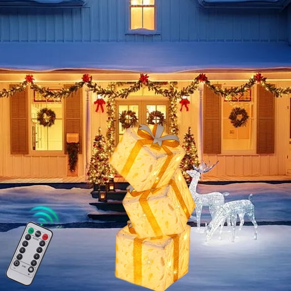 KQJQS Christmas Lighted Boxes Remote Control, Set Of 3 LED Up Decor Outdoor, Up Christmas Boxes Present Decorations Outdoor Yard(Peach Glow D)
