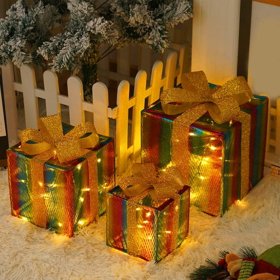 KQJQS Christmas Lighted Boxes Remote Control, Set Of 3 LED Up Decor Outdoor, Up Christmas Boxes Present Decorations Outdoor Yard(Rainbow Stripes)