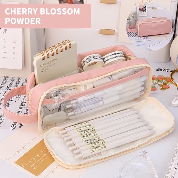 KQJQS Double Layer Transparent Pencil Case with Large Capacity & High-Visibility Window - PVC & Canvas Stationery Organizer for Pens, Highlighters, Calculator