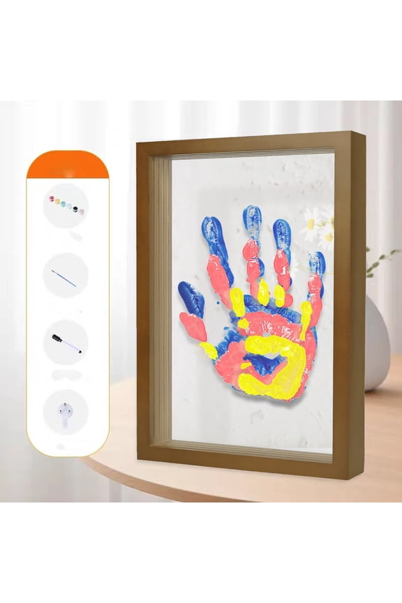 Family Handprint Kit, DIY Hand and Footprint Kit Wooden Frame, Handmake Craft Keepsake- 6 Colors Non-Toxic Paint, Gifts for New Mom, New Parents, Mother's Day, Home Decor (Brown)