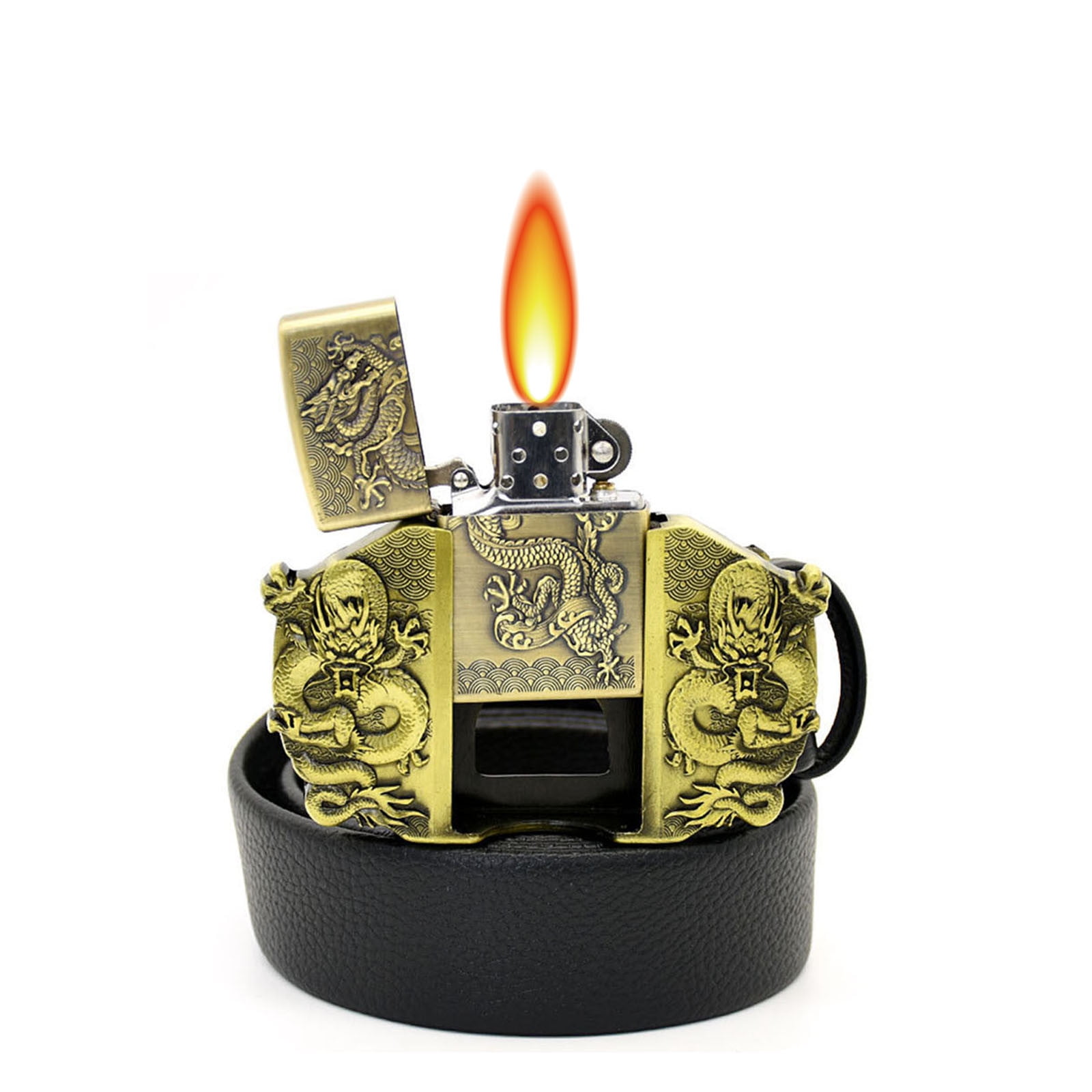 cigarette lighter belt buckle Kqjqs Golden Dragon Oil Lighter Belt Buckle with Black Genuine Leather Belt