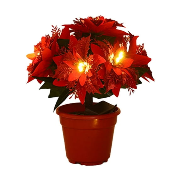 KQJQS LED Christmas Artificial Poinsettia Flower Tree Preinstalled Potted Lighted Faux Poinsettia Arrangement String Light Tabletop Poinsettia Tree for Home Xmas Indoor Outdoor