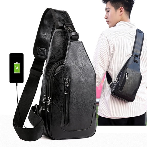 KQJQS Men Sling Bag Anti Theft Shoulder Bag Small Leather Crossbody Sling Backpack with USB Charge Port
