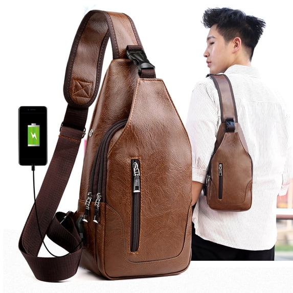 KQJQS Men Sling Bag Anti Theft Shoulder Bag Small Leather Crossbody Sling Backpack with USB Charge Port