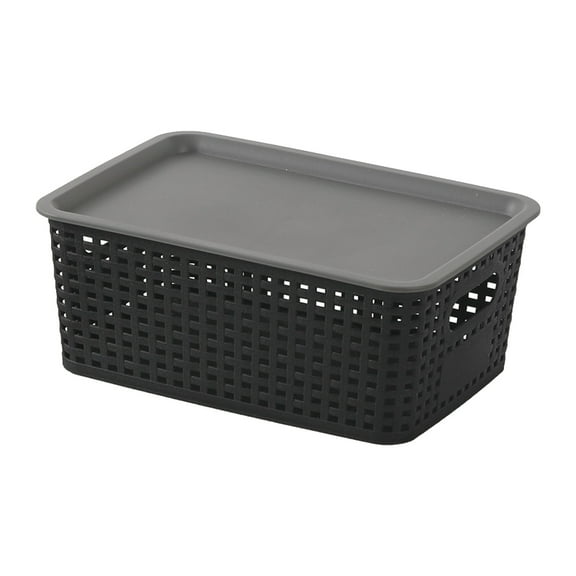 KQJQS Plastic Woven Storage Basket with Lid – Hollow, Stackable Plastic Organizer with Handles for Shelves, Drawers, Desktop, Toys & Books