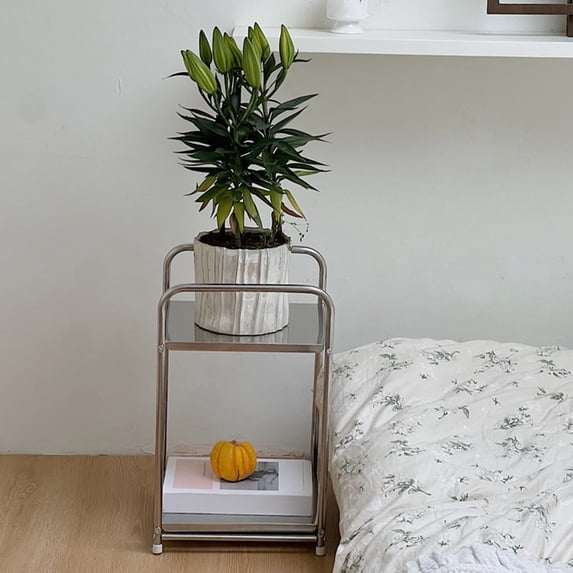 KQJQS Small Coffee Table Side Cabinet, 2-Tier Stainless Steel Storage Rack, Sofa Table Bedside Cabinet, Space-Saving Small Furniture for Living Room or Bedroom