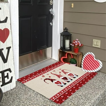 KQJQS Valentine's Day Welcome Mats for Front Door - Non-Slip Indoor/Outdoor Doormat with Valentine Gnomes and Love Hearts - Entryway Floor Rug for Outside