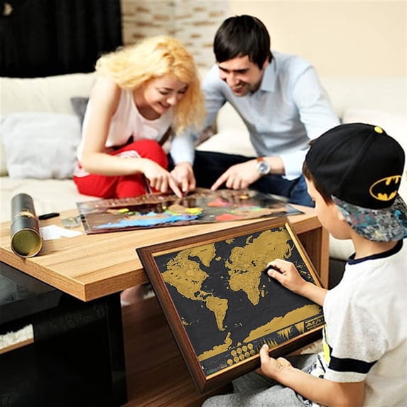 KQJQS World Map Scratch Off Poster Gold Framed Travel Map with Scratching Tool - Perfect Gift for Travel Enthusiasts