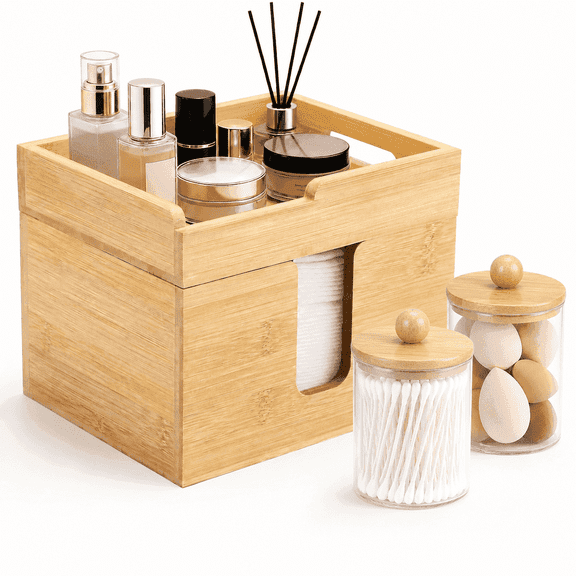 Bamboo Face Towel Holder with 2 Storage Jars, Bathroom Vanity Organizer for Disposable Facial Towels, Cotton Pads, Swabs & Skincare Essentials