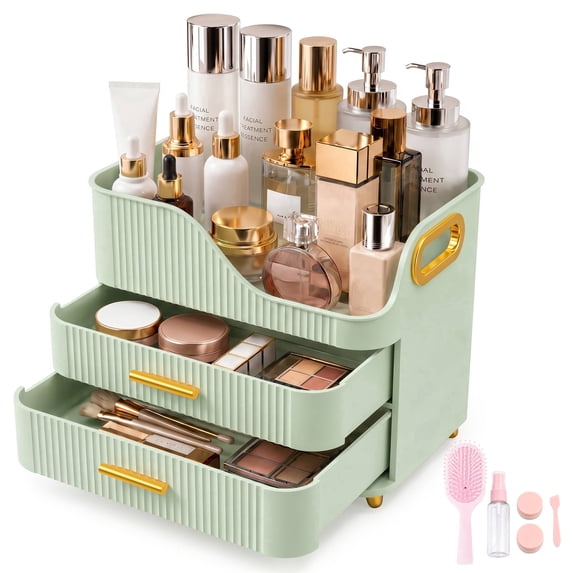 Countertop Makeup Organizer with Drawers, 3 Tier Cosmetic Storage Box with Beauty Accessories Set, Vanity Bathroom Counter Dresser Skincare Display Case for Lipsticks, Beauty Palettes, Green
