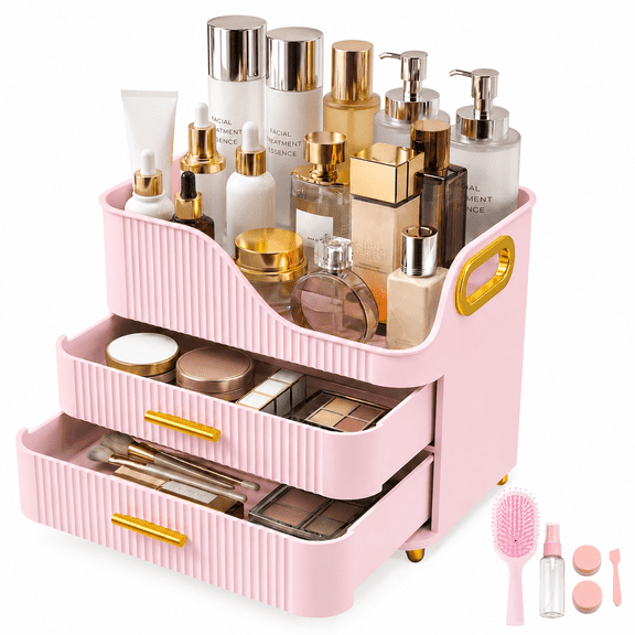 Countertop Makeup Organizer with Drawers, 3 Tier Cosmetic Storage Box with Beauty Accessories Set, Vanity Bathroom Counter Dresser Skincare Display Case for Lipsticks, Beauty Palettes, Pink