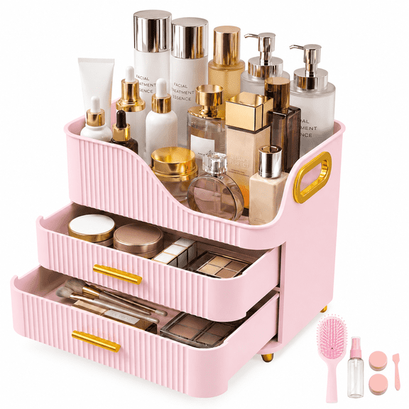 Countertop Makeup Organizer with Drawers, 3 Tier Cosmetic Storage Box with Beauty Accessories Set, Vanity Bathroom Counter Dresser Skincare Display Case for Lipsticks, Beauty Palettes, Pink
