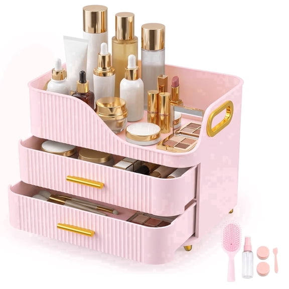 Countertop Makeup Organizer with Drawers, 3 Tier Cosmetic Storage Box with Beauty Accessories Set, Vanity Bathroom Counter Dresser Skincare Display Case for Lipsticks, Beauty Palettes, Pink