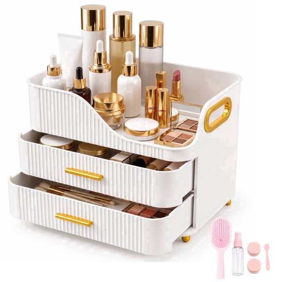 Countertop Makeup Organizer with Drawers, 3 Tier Cosmetic Storage Box with Beauty Accessories Set, Vanity Bathroom Counter Dresser Skincare Display Case for Lipsticks, Beauty Palettes, White