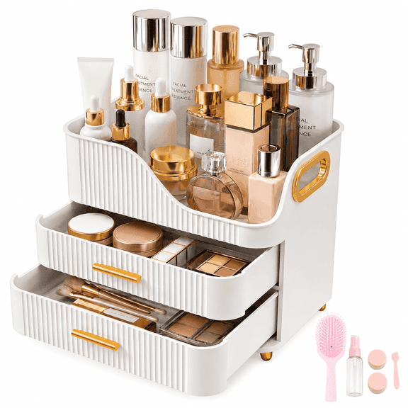 Countertop Makeup Organizer with Drawers, 3 Tier Cosmetic Storage Box with Beauty Accessories Set, Vanity Bathroom Counter Dresser Skincare Display Case for Lipsticks, Beauty Palettes, White